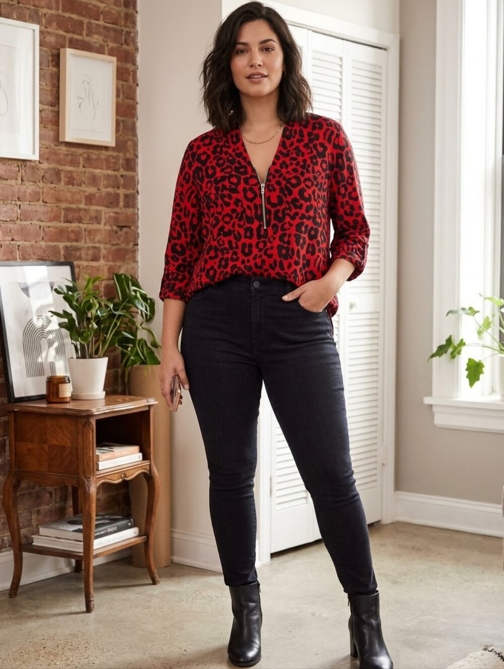 Jaclyn Smith Red Leopard Print Blouse with Black Jeans Size S